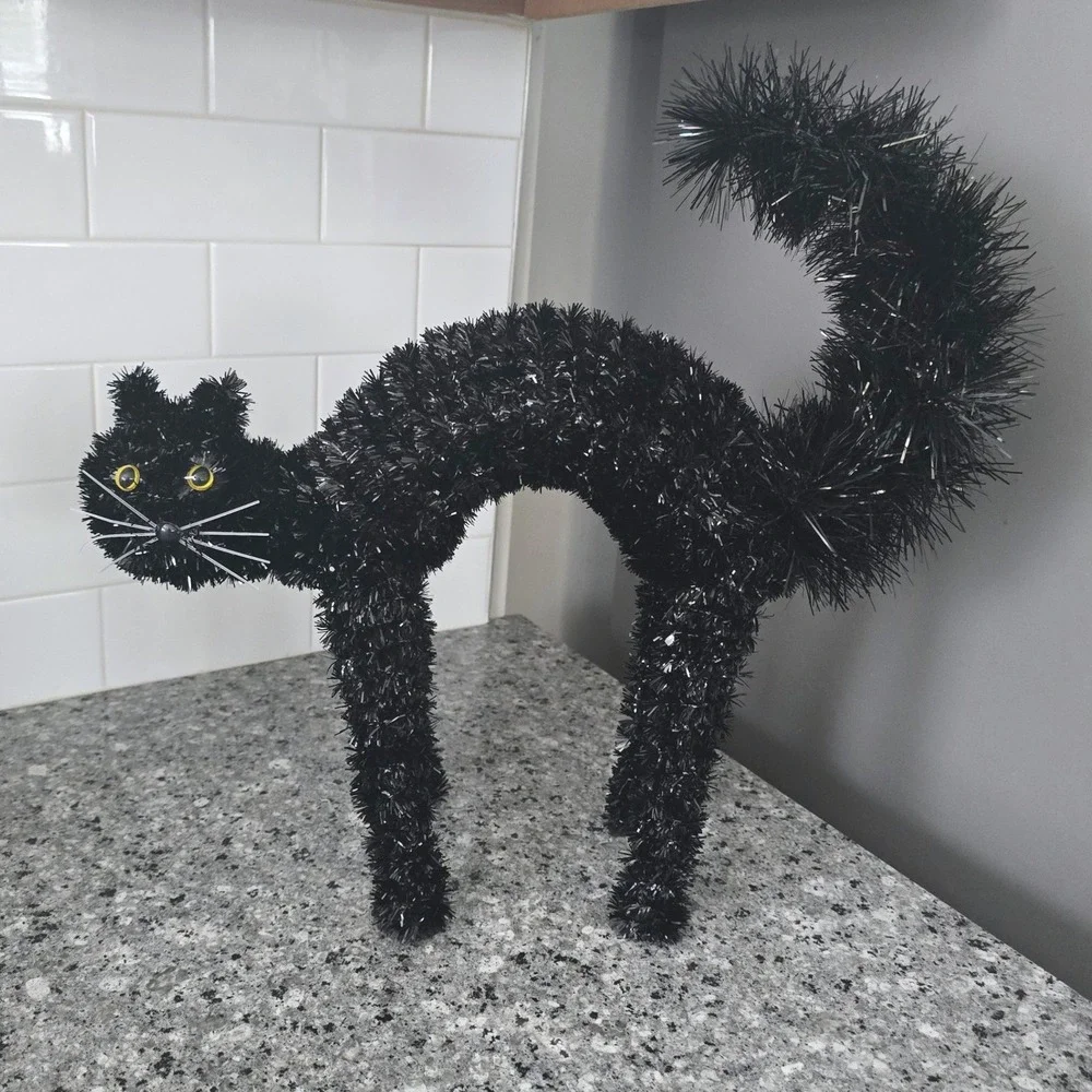 Halloween Tinsel Cat Pair Black Arched Back Spooky Sparkle Decor Witchy Party